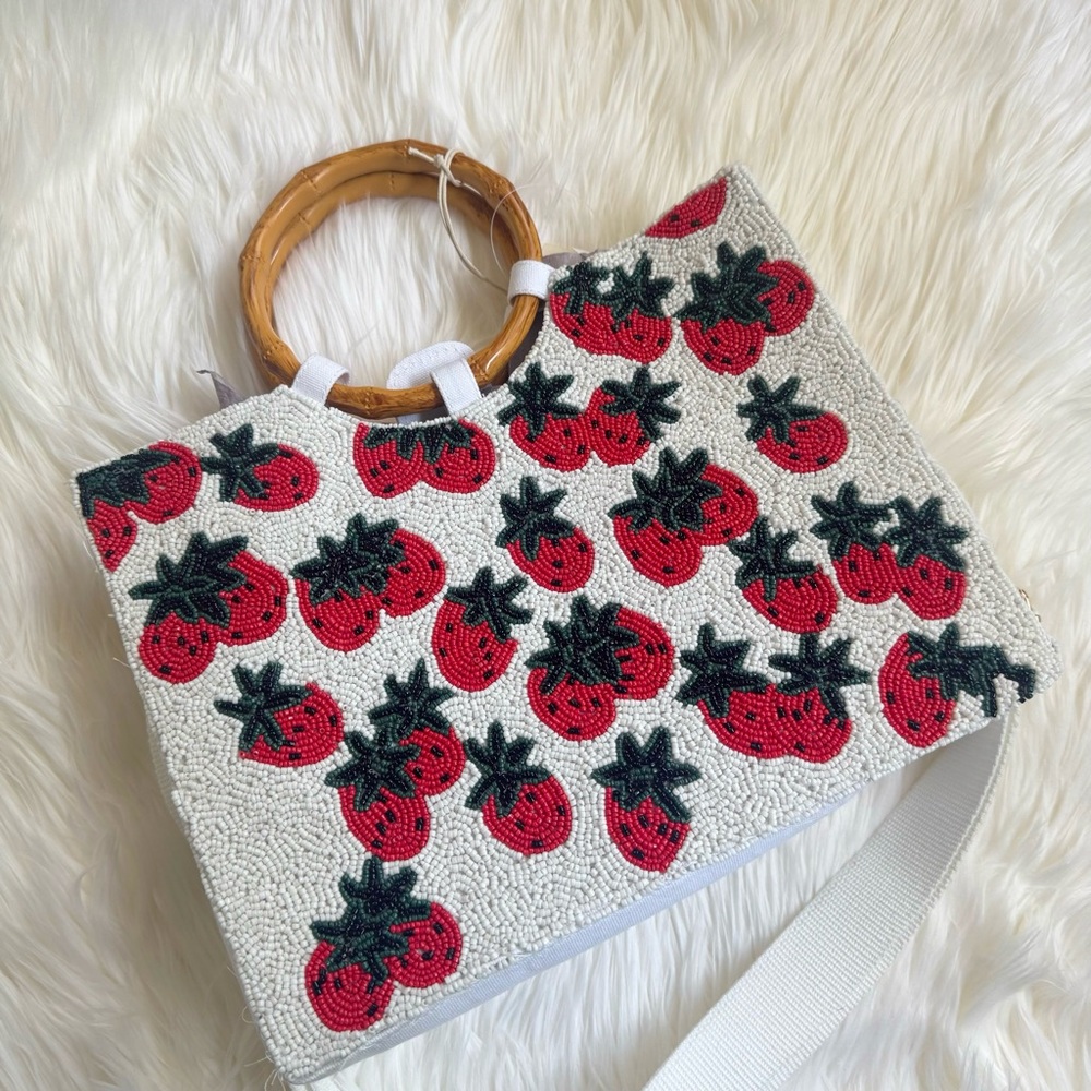 NWT Viral TikTok Beaded Strawberry Patterned Handbag Bamboo Handle Sol and Mer